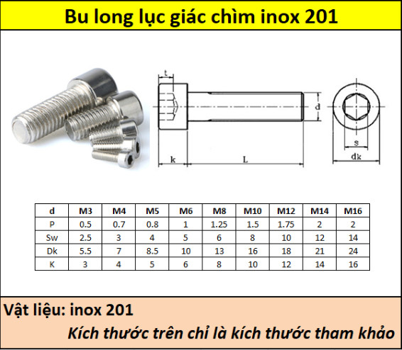 Bulong lục giác chìm inox 201 M3