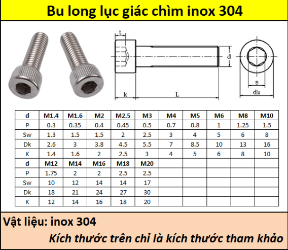 Bulong lục giác chìm inox 304 M6